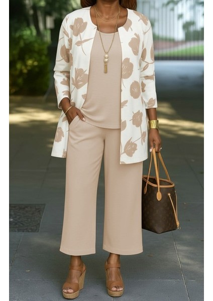 Kadın Uzun Kollu Önü Açık Modal Ceket Kolsuz Viskon Iki Iplik Bluz ve Pantolon Üçlü Takım