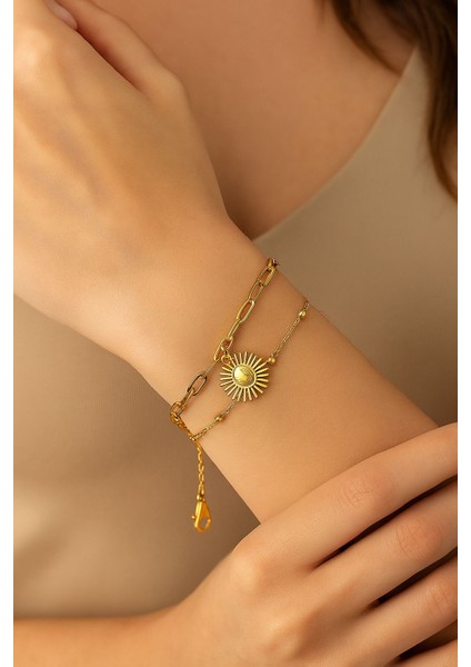 Tek Taşlı Yonca Toplu Çift Zincir Altın Rengi Çelik Bileklik