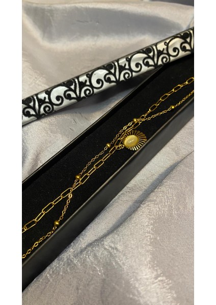 Tek Taşlı Yonca Toplu Çift Zincir Altın Rengi Çelik Bileklik fiyatları