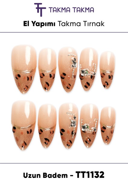 10'lu Ten Uzun Badem TT1132 Tekrar Kullanılabilir El Yapımı Protez Takma Tırnak - Ten Rengi-S