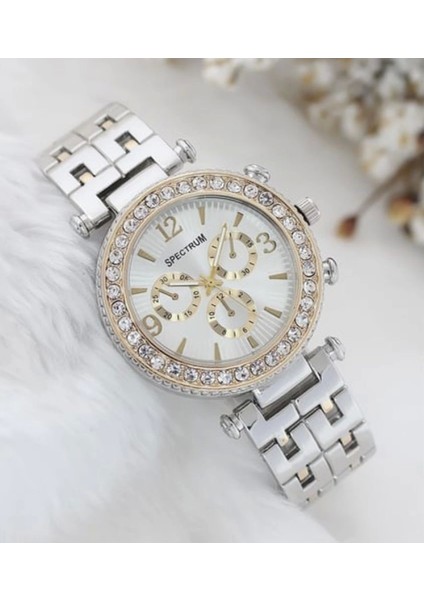 Zarif ve Şık Özel Tasarım Zirkon Taşlı Metal Bayan Kol Saati (Gümüş-Gold) ( Lisinya )