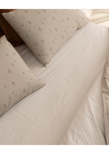 Afrodille Çift Kişilik %100 Pamuk Ranforce Baskılı Nevresim Takımı - Bej