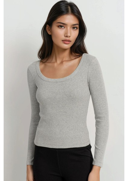 Kadın Basics Pamuk Karışımlı Tişört Açık Gri