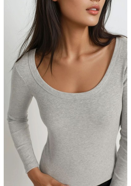 Kadın Basics Pamuk Karışımlı Tişört Açık Gri