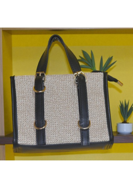 Kadın Hasır Detaylı Kol ve Omuz Çantası – Siyah Deri Askılı Yazlık Günlük Çanta
