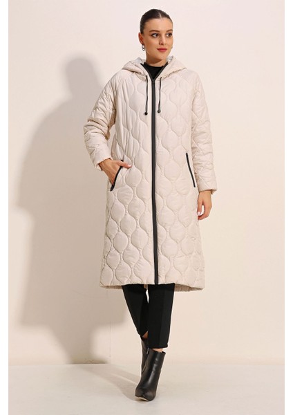 Kadın Bdart Kapüşonlu Uzun Şişme Kapitone Mont Fildişi Doğal fırsatları