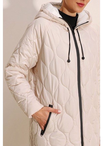 Kadın Bdart Kapüşonlu Uzun Şişme Kapitone Mont Fildişi Doğal
