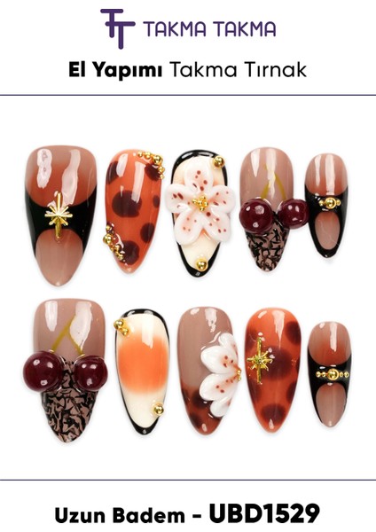 10'lu Kahve Uzun Badem UBD1529 Tekrar Kullanılabilir El Yapımı Protez Takma Tırnak Kahverengi-S