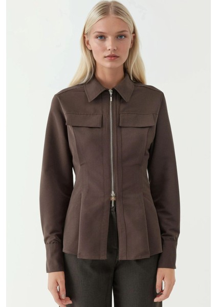 Kadın Fermuar Detaylı Uzun Kollu Gömlek Kahve Kahvesi