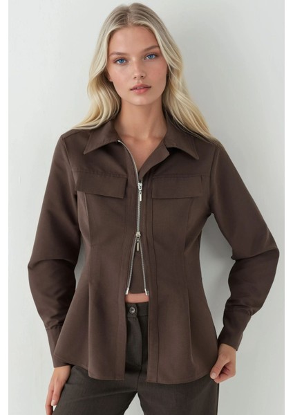 Kadın Fermuar Detaylı Uzun Kollu Gömlek Kahve Kahvesi fiyatları