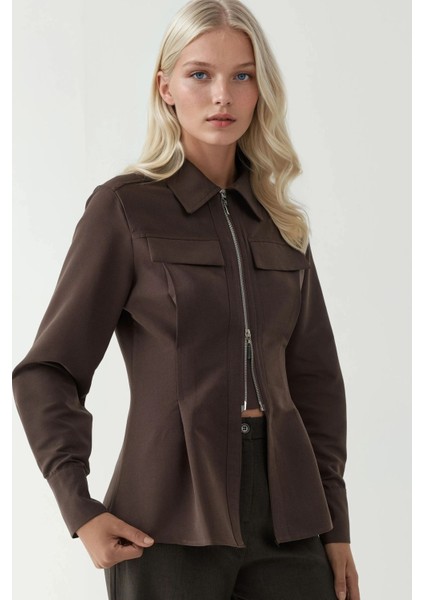Kadın Fermuar Detaylı Uzun Kollu Gömlek Kahve Kahvesi indirimleri