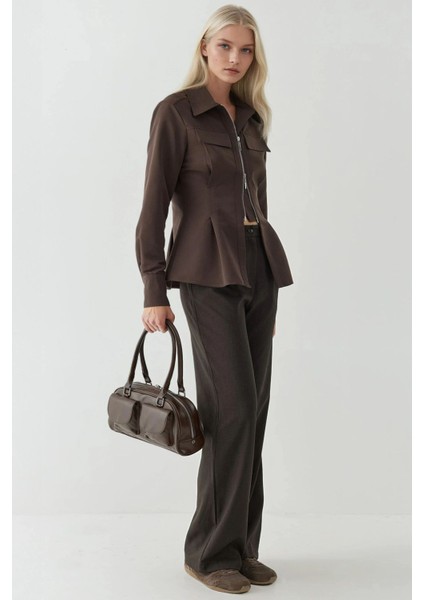 Kadın Fermuar Detaylı Uzun Kollu Gömlek Kahve Kahvesi