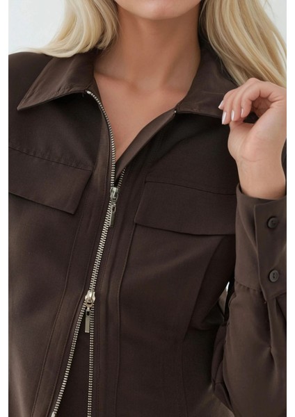 Kadın Fermuar Detaylı Uzun Kollu Gömlek Kahve Kahvesi