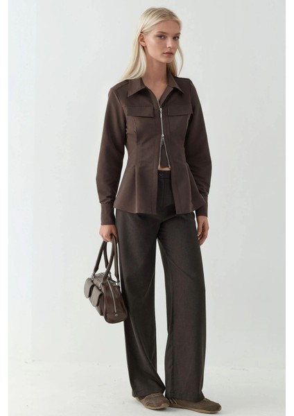 Kadın Fermuar Detaylı Uzun Kollu Gömlek Kahve Kahvesi