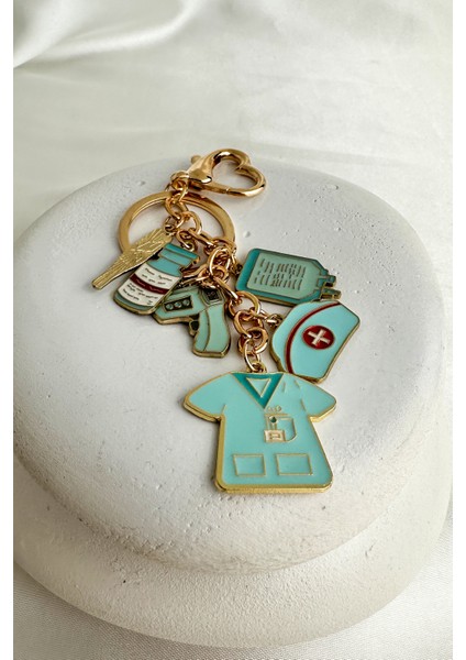 Altın Sarısı Kalp Detay Kilit Ateş Ölçer Sağlık Figürlü Çanta Aksesuarı Anahtarlık fiyatları