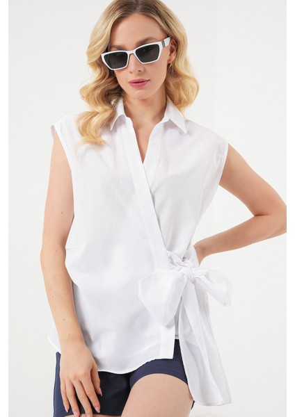 Kadın Bdart Bağlama Detaylı V Yaka Kolsuz Poplin Gömlek Beyaz