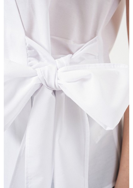 Kadın Bdart Bağlama Detaylı V Yaka Kolsuz Poplin Gömlek Beyaz