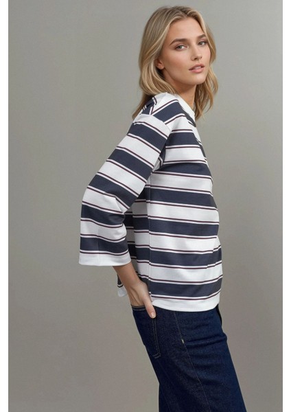 Kadın Çizgili Yuvarlak Yaka Uzun Kollu Tişört Mavi fiyatları