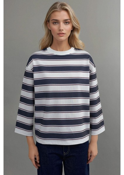 Kadın Çizgili Yuvarlak Yaka Uzun Kollu Tişört Mavi modelleri