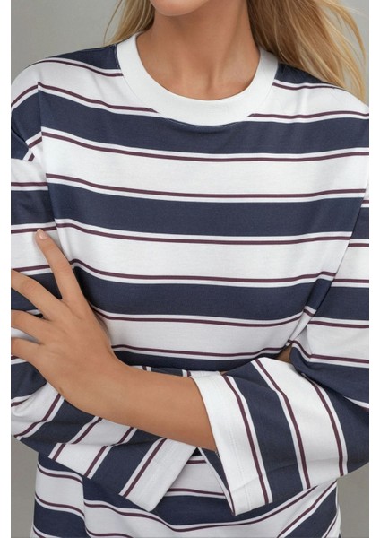 Kadın Çizgili Yuvarlak Yaka Uzun Kollu Tişört Mavi fırsatları