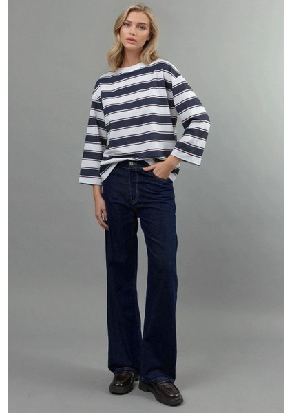 Kadın Çizgili Yuvarlak Yaka Uzun Kollu Tişört Mavi indirimleri
