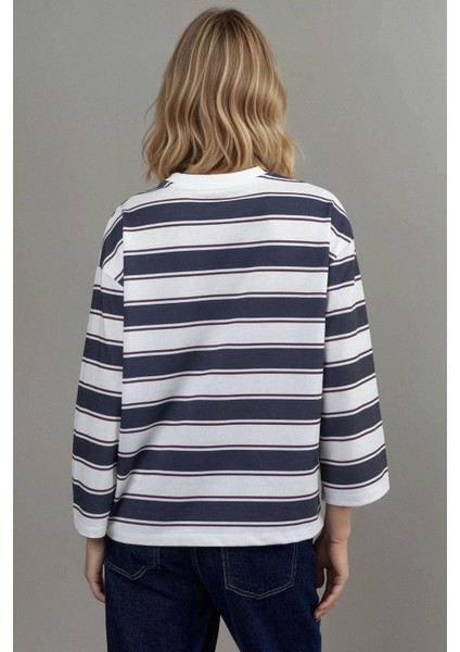 Kadın Çizgili Yuvarlak Yaka Uzun Kollu Tişört Mavi