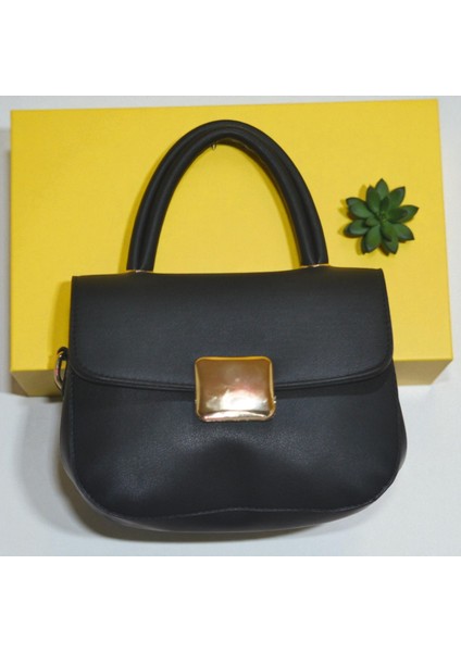 Kadın Siyah Mini Kol & Omuz Çantası – Gold Kare Tokalı Şık Küçük Boy Askılı Çanta