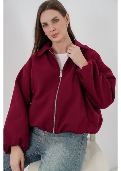 Kadın Bdart Fermuarlı Cepli Bomber Kaşe Ceket Bordo Kırmızı modelleri