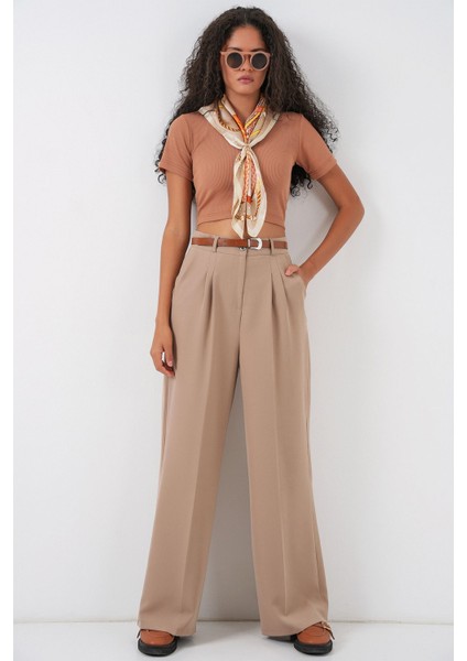 Kadın Bdart Yüksek Bel Pileli Palazzo Pantolon Bej Doğal