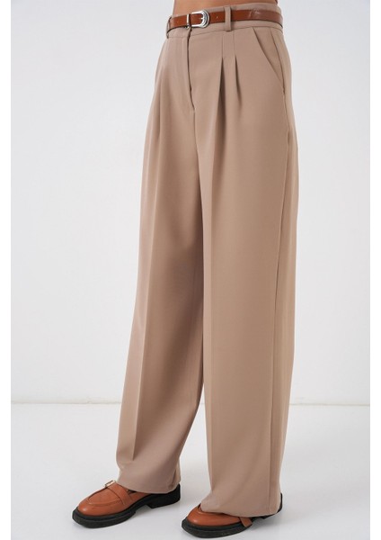 Kadın Bdart Yüksek Bel Pileli Palazzo Pantolon Bej Doğal fırsatları