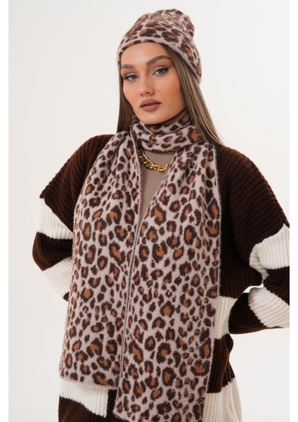 Lüks Yumuşak Dokulu Leopar Atkı Bere Seti|kaliteli Triko Kombin