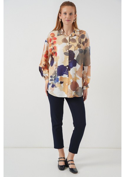 Kadın Bdart Oversize Çiçek Desenli Düğmeli Gömlek Lacivert fiyatları