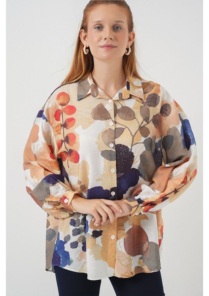 Kadın Bdart Oversize Çiçek Desenli Düğmeli Gömlek Lacivert modelleri