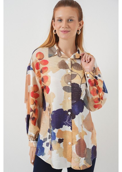 Kadın Bdart Oversize Çiçek Desenli Düğmeli Gömlek Lacivert fırsatları