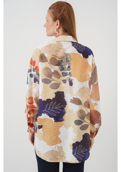 Kadın Bdart Oversize Çiçek Desenli Düğmeli Gömlek Lacivert