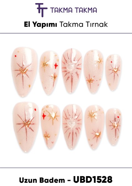 10'lu Ten Uzun Badem UBD1528 Tekrar Kullanılabilir El Yapımı Protez Takma Tırnak Ten Rengi-Xs