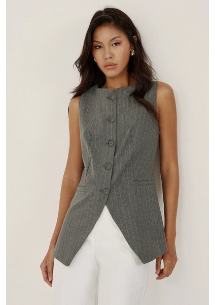 Kadın Çizgili Bisiklet Yaka Kolsuz Yelek Gri