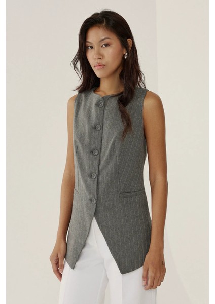Kadın Çizgili Bisiklet Yaka Kolsuz Yelek Gri modelleri