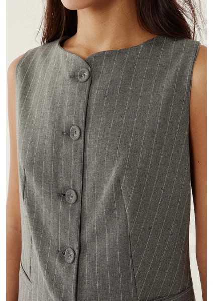 Kadın Çizgili Bisiklet Yaka Kolsuz Yelek Gri fırsatları