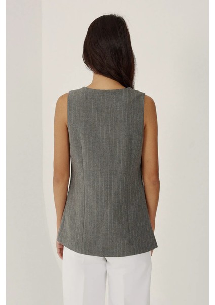 Kadın Çizgili Bisiklet Yaka Kolsuz Yelek Gri indirimleri