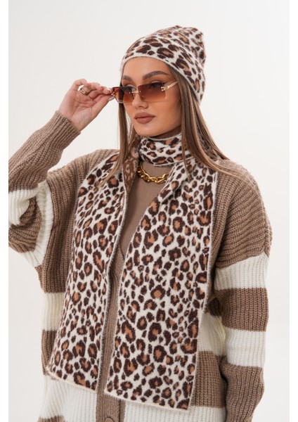 Lüks Yumuşak Dokulu Leopar Atkı Bere Seti|kaliteli Triko Kombin