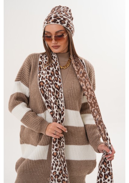 Lüks Yumuşak Dokulu Leopar Atkı Bere Seti|kaliteli Triko Kombin