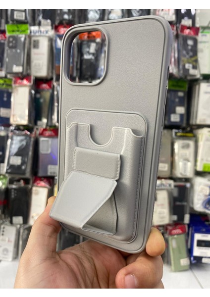Iphone 11 Uyumlu Gri Standlı Kartlıklı Suni Deri Kılıf modelleri