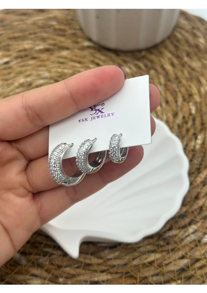 3lü Çelik Farklı Boy Silver Küpe