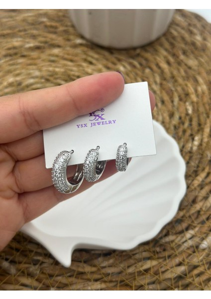 3lü Çelik Farklı Boy Silver Küpe