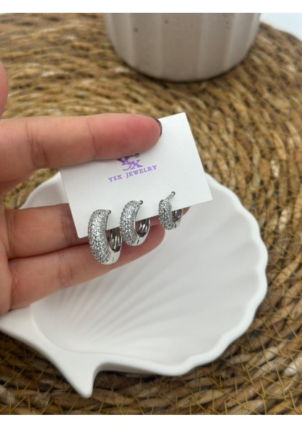 3lü Çelik Farklı Boy Silver Küpe