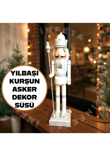 Yılbaşı Fındıkkıran Kurşun Asker 50CM Yılbaşı Dekor Süsü Beyaz