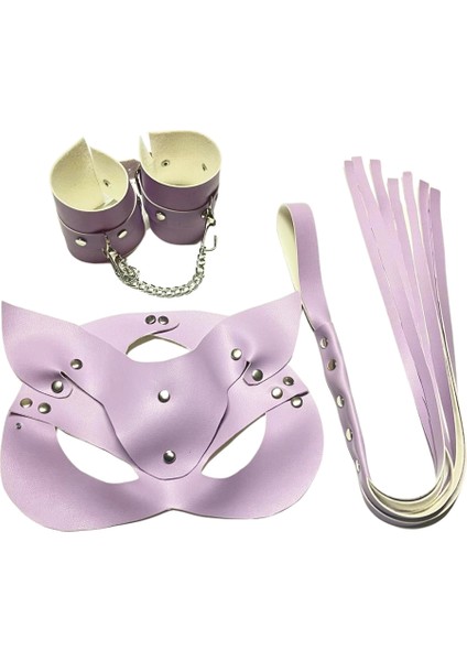 Dodes Fantezi Deri Seksi Lila Kedi Maske Kelepçe Kırbaç Seti ( 3’lü Set) TG275370