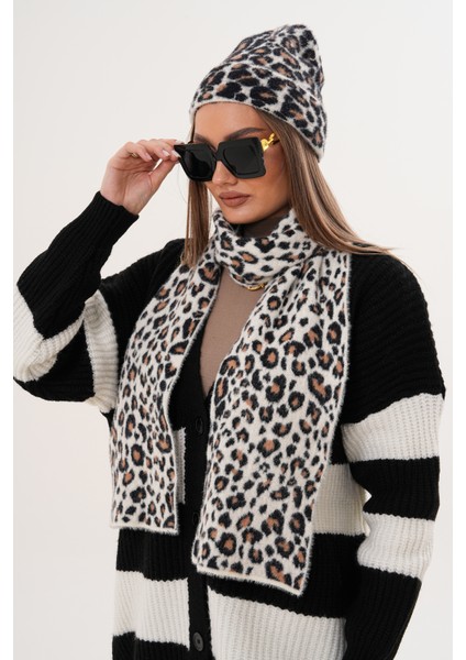 Lüks Yumuşak Dokulu Leopar Atkı Bere Seti|kaliteli Triko Kombin