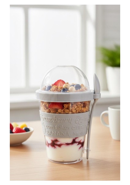 Titiz 600 ml Kaşıklı Yoğurt & Müsli Kabı - Taşınabilir Kase - Beyaz